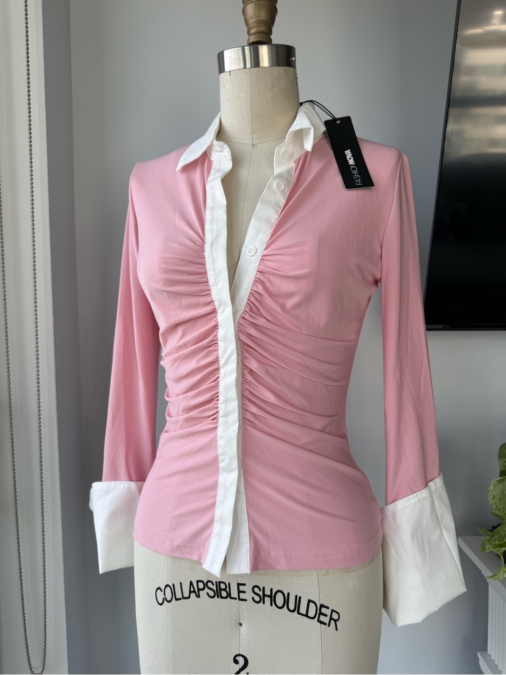 Fashion Nova Pink Ruched Button-Down Shirt with White Trim